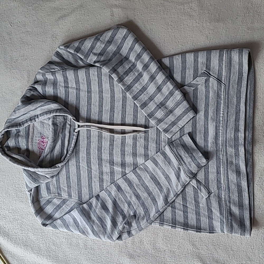 Made For Life gray striped sweatshirt pockets drawstring cowl neck  M